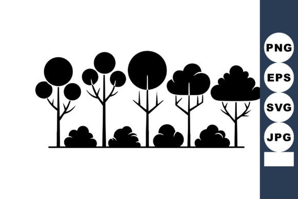 Black Silhouette Trees and Bushes Vector for Clean Editorial Graphics