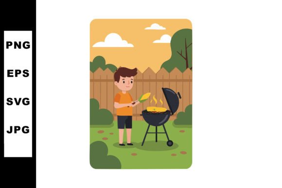 Boy Grilling Corn on Barbecue Grill in B: Graphics & Illustrations Review