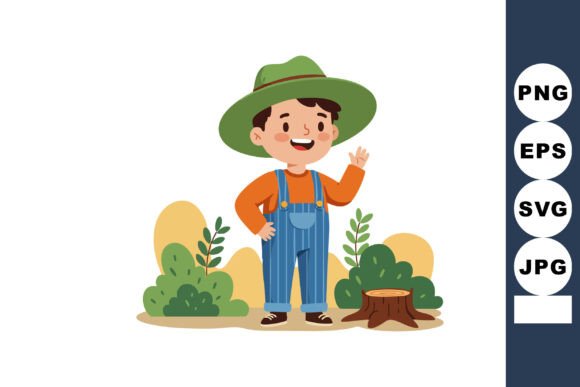 Boy in Green Hat and Striped Overalls Wa: Graphics for Illustrations
