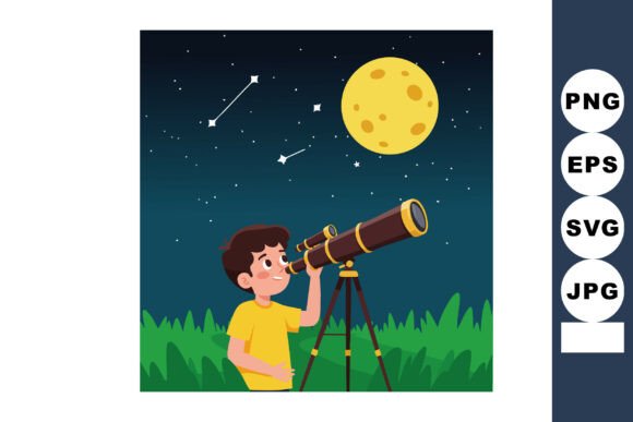 Boy Observing Night Sky Through Telescop