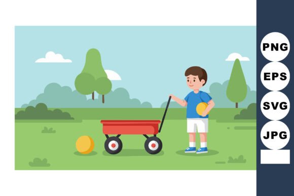 Boy Playing with Red Wagon and Yellow Ball Illustration for Graphics