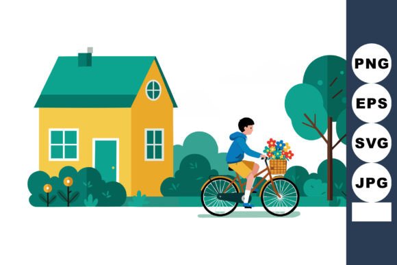 Boy Riding Bicycle with Flowers Near Yellow House Graphics