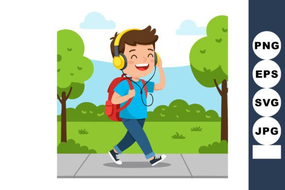 Boy Walking Outdoors with Backpack and Y Graphics