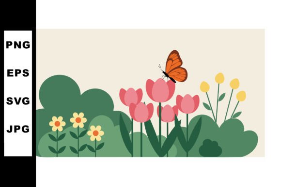 Butterfly Resting on Pink Tulips with Gr for Graphics and Illustrations