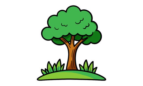 Cartoon Tree with Grass and Bushes for Crafts and Graphics