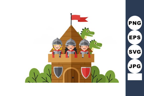 Castle with Knights and Dragon Vector Il Graphics