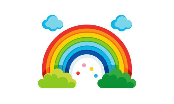 Colorful Rainbow with Clouds and Bushes for Crafts and Graphics