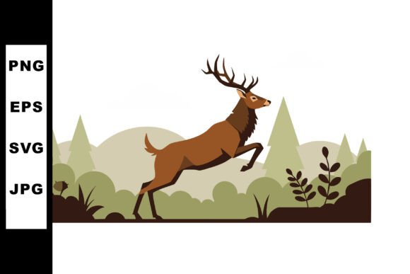 Deer Jumping over Forest Bushes with Pin Illustration