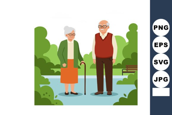 Elderly Couple Standing in Park with Green Illustration