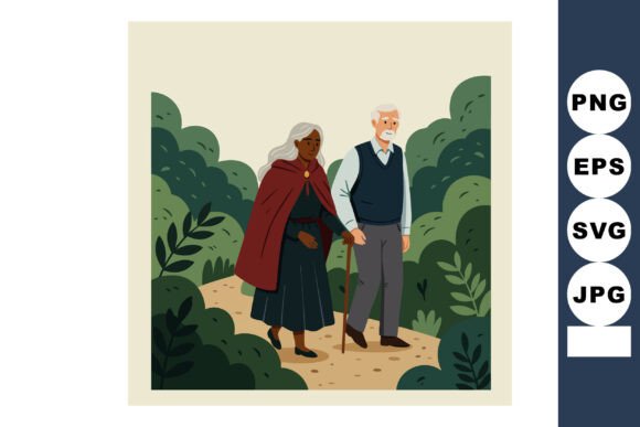 Elderly Couple Walking on Garden Path Su Graphics and Illustrations
