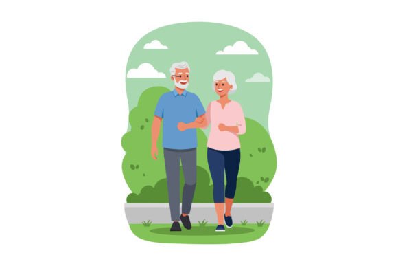Elderly Couple Walking Outdoors in Park Graphics