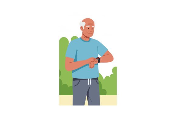Elderly Man Checking Smartwatch Outdoors: Modern Graphics & Illustrations