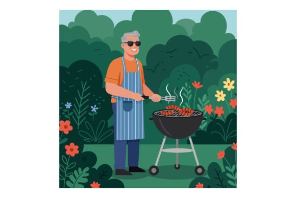 Elderly Man Grilling Meat Outdoors in Ga Graphics and Illustrations