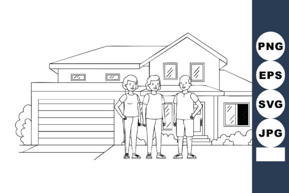 Family Standing in Front of House Line a Graphics