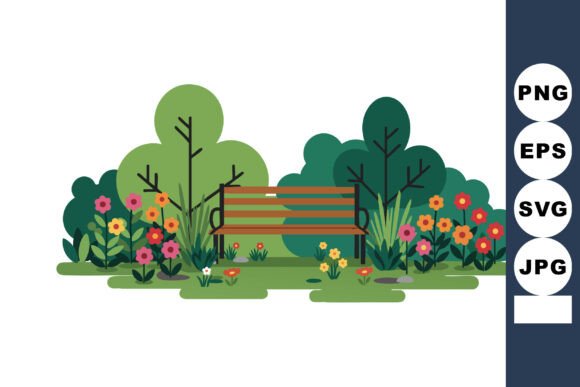 Garden Bench Surrounded by Colorful Flow Graphics and Illustrations