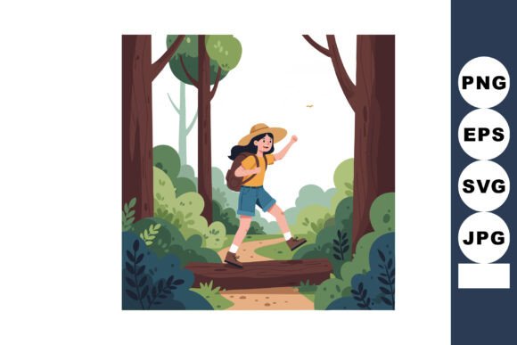 Girl Hiking in Forest Trail Wearing Hat - A Versatile Graphic Design Asset