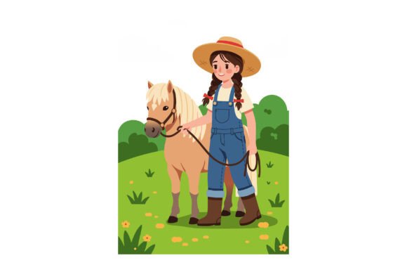 Girl in Denim Overalls Holding Horse on Graphics and Illustrations