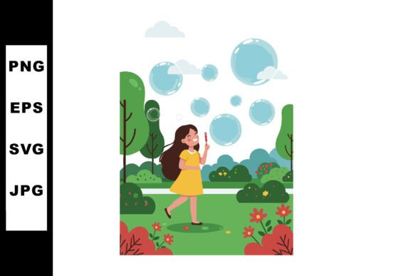 Girl Playing with Soap Bubbles in Green: Graphics & Illustrations Review