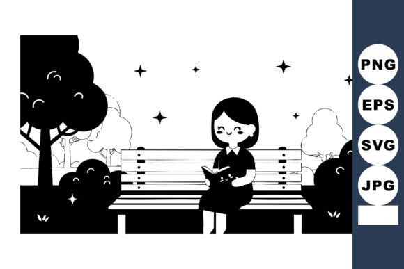 Girl Reading Book on Park Bench with Tre Illustration