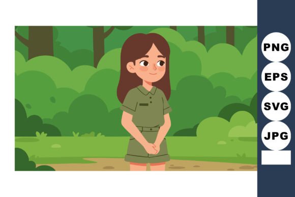 Girl Wearing Green Safari Outfit Standin Graphics & Illustrations
