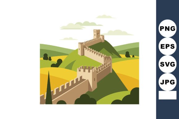 Great Wall of China Landscape with Hills Graphics for Illustrations