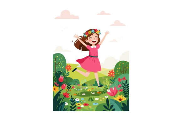 Happy Girl Dancing in Colorful Flower Ga: Graphics & Illustrations Review