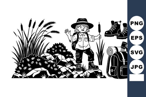 Happy Kid Hiker Black White Illustration for Crafts and Graphics