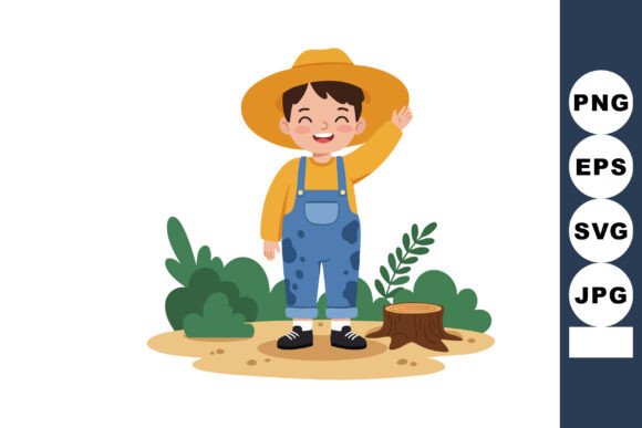Happy Young Boy in Yellow Hat and Blue O Graphics & Illustrations