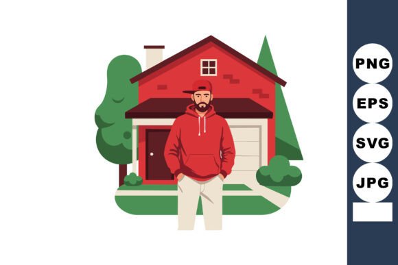 Man Standing in Front of Red House with Graphics and Illustrations