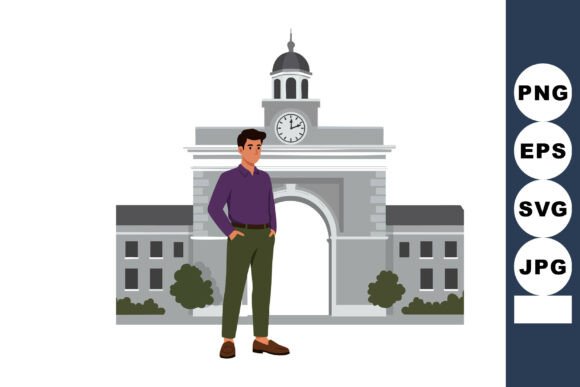 Man Standing Near Classic Clock Tower Bu: Graphics & Illustrations Review
