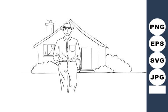 Man Walking in Front of House with Bushe Graphics for Illustrations