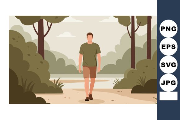 Man Walking in Green Forest Landscape Graphic
