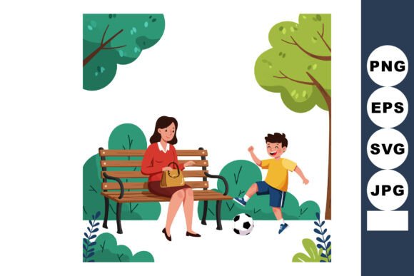 Mother Sitting on Bench Watching Son Pla: Graphics for Editorial