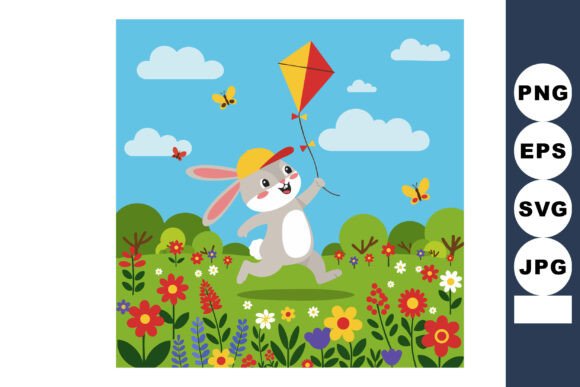 Rabbit Flying Red and Yellow Kite in Col Graphics