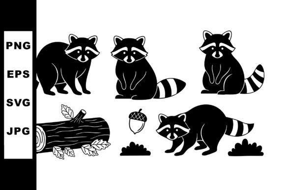 Raccoon Silhouettes with Log and Acorn W: Graphics for Nature Brands