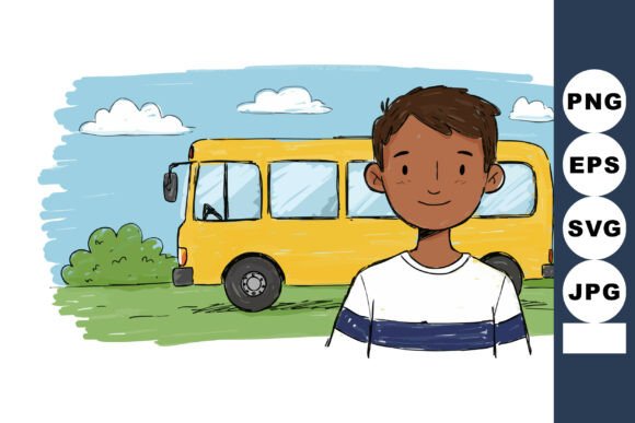 Schoolboy Standing Near Yellow School Bus Illustration