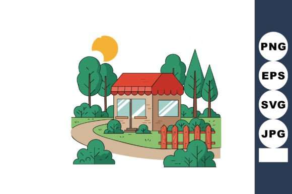 Small House with Red Roof and Green Tree Graphics for Crafters