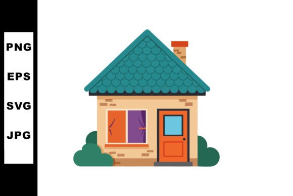 Small House with Teal Roof and Orange Do Graphics