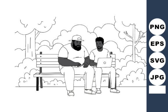 Two Men Sitting on Park Bench Using Lapt Graphics and Illustrations