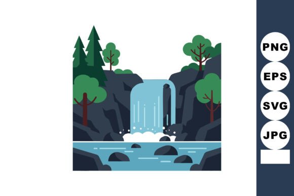 Waterfall with Rocks and Forest Trees Embroidery