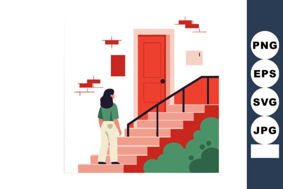 Woman Approaching Red Door at Top of Sta - A Versatile Graphic Design Asset