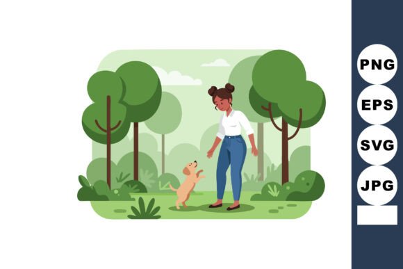 Woman Playing with Dog in Green Park Illustration