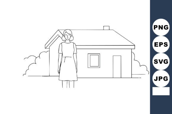 Woman Standing Outside Simple House Line: Essential Graphics & Illustrations