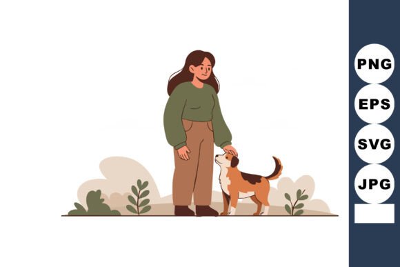 Woman Standing with Dog Friendly Pet out Graphics and Illustrations Review