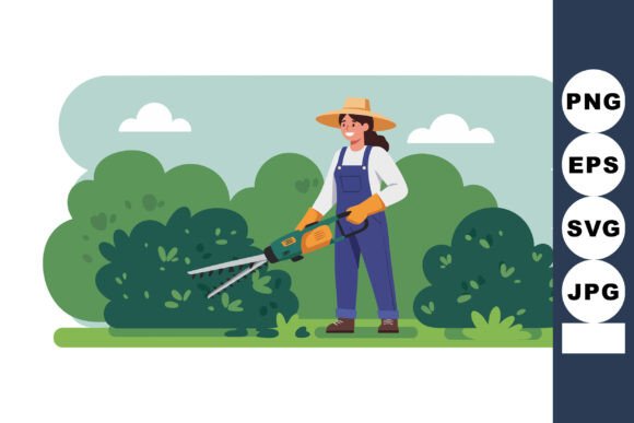 Woman Trimming Green Bushes Gardening Ho Illustration Review