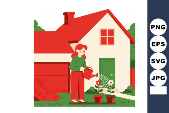 Woman Watering Plants in Garden Outside Graphics & Illustrations