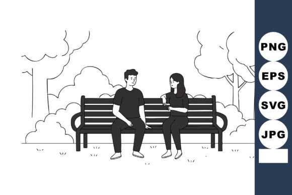 Young Couple Sitting on Park Bench Talki Graphics and Illustrations