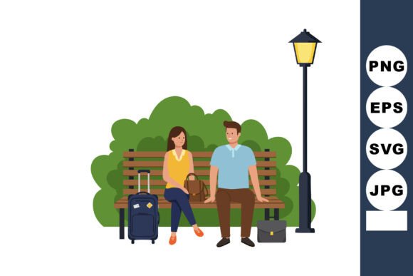Young Couple Sitting on Park Bench with Graphics & Illustrations